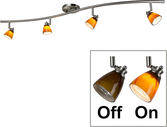 4 Light Adjustable Track Light, Brushed Steel Finish, Amber Glass Shade, Ready to Install, Bulb Included, D268-44C-BS-AMS