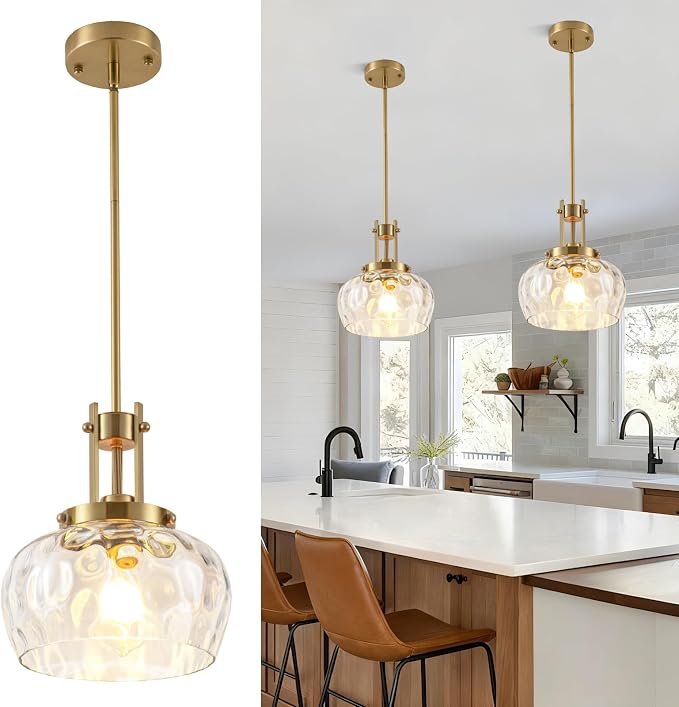 Gold Pendant Light Kitchen Island, 10 Inch, Hammered Glass Shade | Modern Farmhouse Style, For Kitchen Dining Room Bedroom, Bulb Not Included