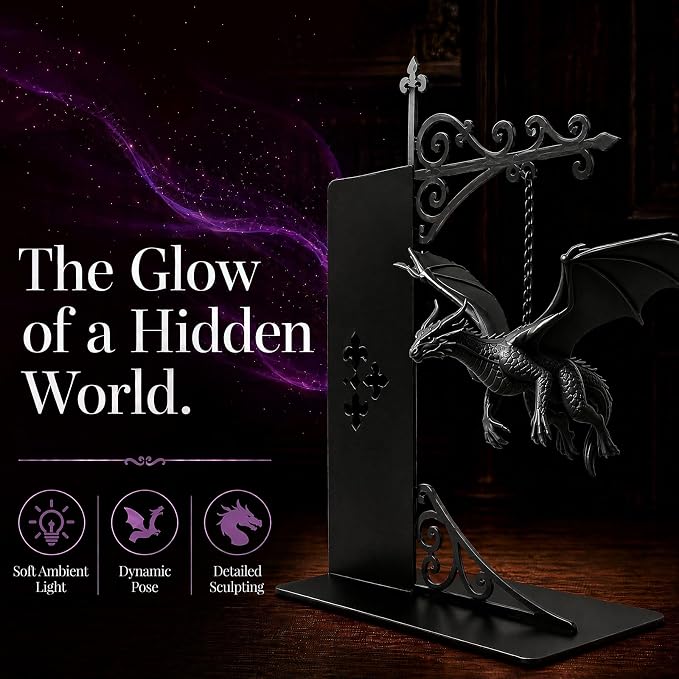 Magical Floating Dragon Bookshelf Lamp, Warm LED Dragon Night Light, Fantasy Reading Nook Decor, Unique Gift for Fantasy Lovers and Book Readers (Black)