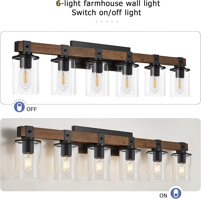 DUJAHMLAND 6-Light Wood Vanity Light,40.5 inch Farmhouse Bathroom Metal Wall Sconce with Cylinder Clear Glass Shade,Industrial Wall Light Fixtures for Hallway,Kitchen,Bedroom(Wood, 6-Light)