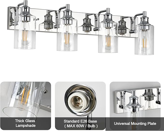 4-Light Bathroom Light Fixtures Modern Chrome Vanity Lights for Bathroom Lighting Fixtures Over Mirror for Cabinet Mirror Bedroom Hallway