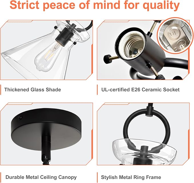 Glass Pendant Lights Kitchen Island Black 9.84'' Clear Glass Shade | Modern Pendant Lighting Over Sink, Adjustable Hanging Ceiling Light, E26 Dimmable Hardwired for Dining Room Hallway, 1-Pack
