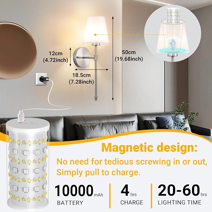 Vimhou Peel and Stick Wall Sconces, Stick On Wall Sconce Set of 2, Battery Operated Wireless Wall Light, No Drill Adhesive Wall Lamp, Corn Bulb with 10000mAh Rechargeable Battery, Bedroom Wall Decor