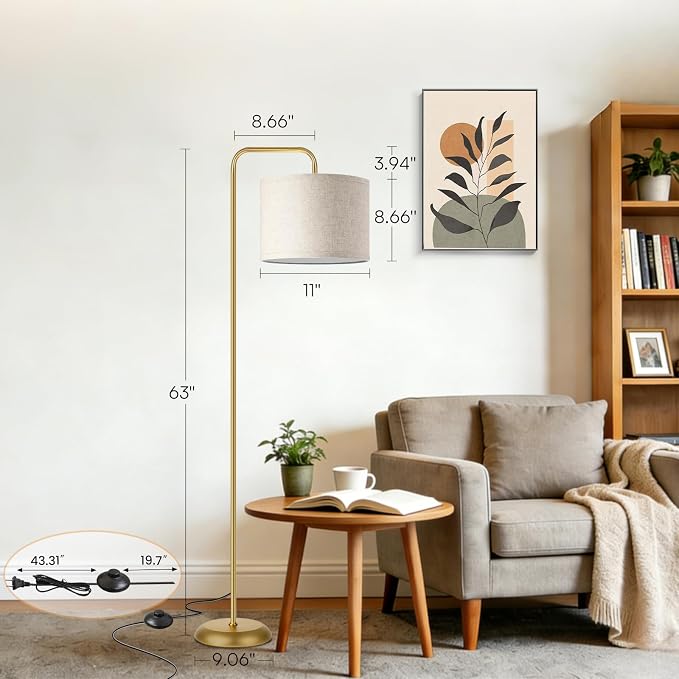TJOY Floor Lamp, Golden Standing Floor Lamp for Living Room with 3 CCT Bulb | 3 Color Temperatures 12W Bulb included, Metal Lamp with Extended Arm, Lamp for Bedroom, Couch, Reading Nook, Office, Golden