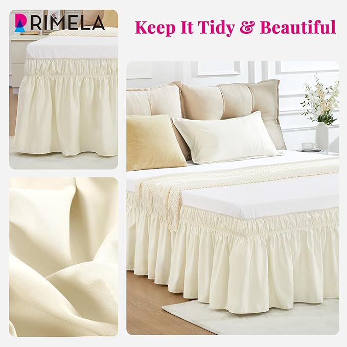 RIMELA Ivory Bed Skirt Queen Size 15 Inch Drop, Elastic Bed Skirting for Bed Base and Frame, Bedding Dust Ruffle Easy to Install, Lightweight Wrap Around Adjustable Bedskirt