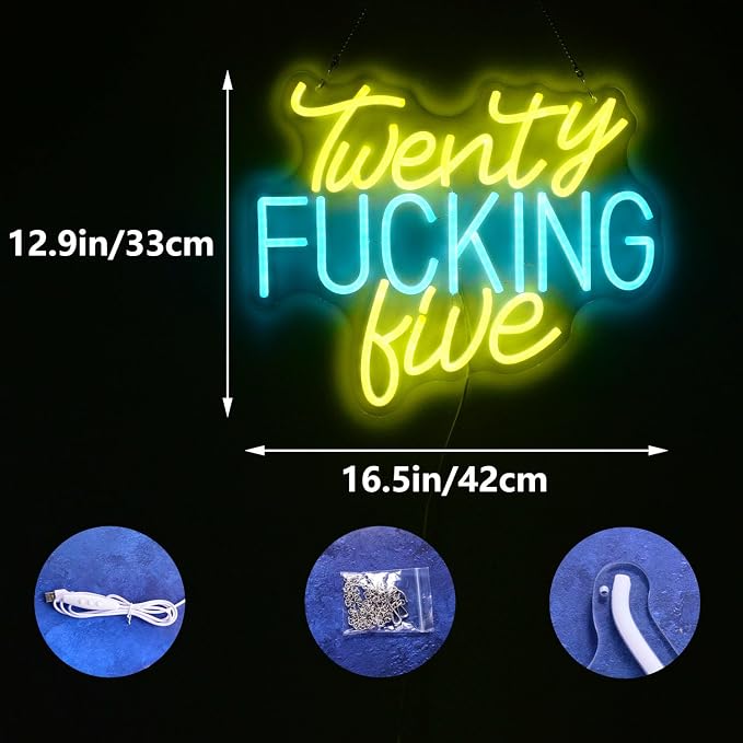 Twenty Fucking Five Neon Light Sign Blue Yellow 25 Years Old LED Celebrate 50th Men and Women Birthday Party Happy Twenty Five Best Age New Young Life for Party Wall Decor