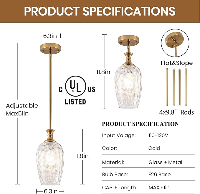 Modern Gold Pendant Lights, Adjustable Kitchen Island Pendant Lighting Fixtures with Clear Glass Shade, Hanging Light for Dining Room, Bedroom & Home Decor (Bulbs Not Included) 2 Pack