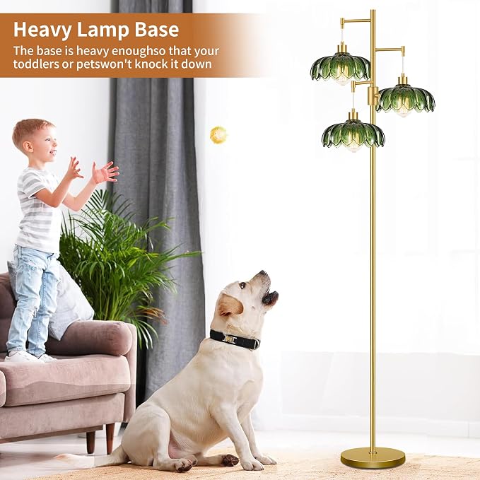 Dimmable Floor Lamps for Living Room Bedroom-3 Light Gold Floor Lamp with Glass Lampshape, Flower Tall Lamp Mid Century Modern Standing Lamp Glass Tree Floor Lamps for Living Room Bedroom,Corner