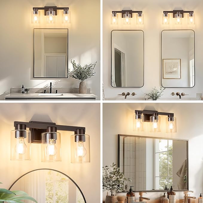 3-Light Bathroom Light Fixtures with Clear Glass, Oil Rubbed Bronze | Vanity Lights, Modern Wall Sconces, Over Mirror for Bathroom, Powder Room, Living Room