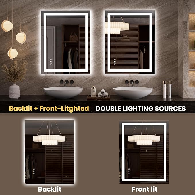 LOAAO 27.6"x35.4" LED Bathroom Mirror with Lights | Anti-Fog, Dimmable, 3 Color Temperature, Backlit + Front Lit, Memory Function, Tempered Glass, UL Listed