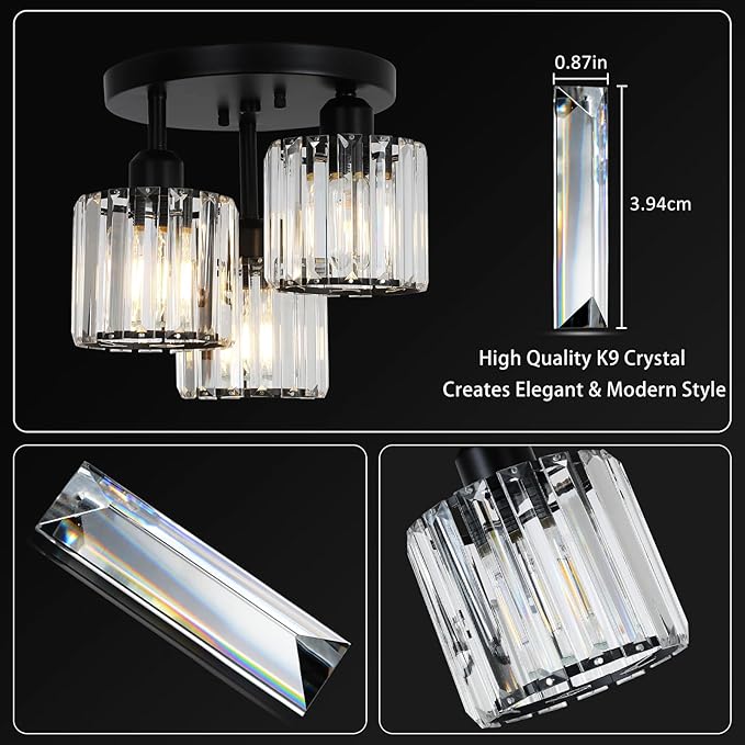 PAUFUL Crystal Semi Flush Mount Ceiling Light,3-Light Modern Close to Ceiling Light Fixtures,Black Kitchen Light Fixtures with Clear Crystal Shade,Hallway Light Fixtures for Hallway Bedroom Bathroom