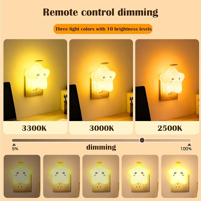 2 Pack Star Night Light with Remote,Plug-in Dimmable Nightlight for Kids, 3 Color Modes,10 Brightness Levels,Timer Function,Soft Glow, Energy Efficient,Ideal for Bedroom,Hallway, Bathroom