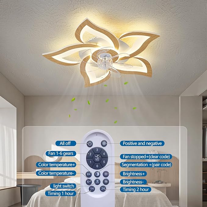 Geometric Ceiling Fan with Lights and Remote Control, Wooden Fan with 3 Light Colors, 6 Speeds - Low Profile Flush Mount for Kitchen, Bedroom, Living Room