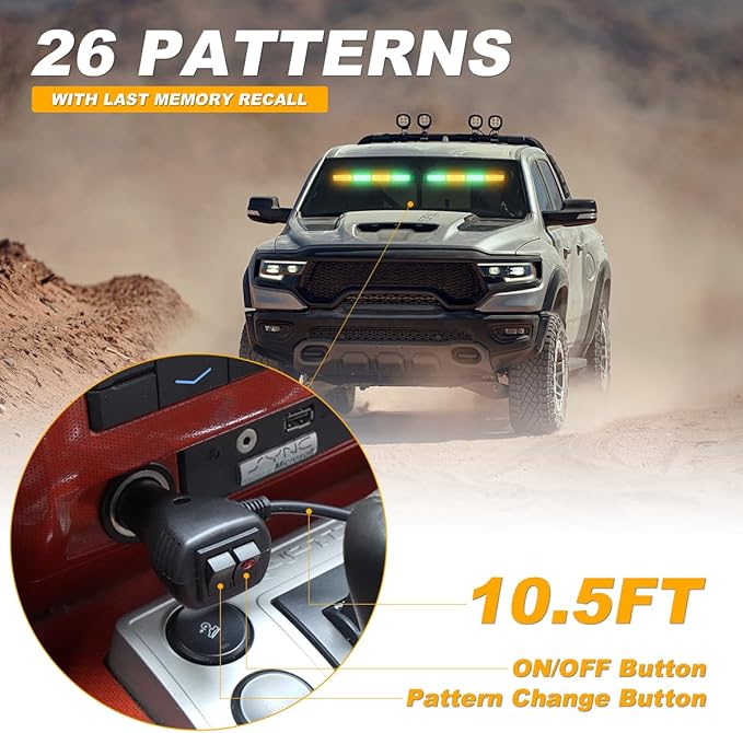 Emergency Dash Strobe Lights Warning Hazard Safety Front/Rear Interior Windshield Lights w/Suction Cups Deck Split Mount for Vehicles Trucks Volunteer Vehicles 2x17.7, Amber/Green