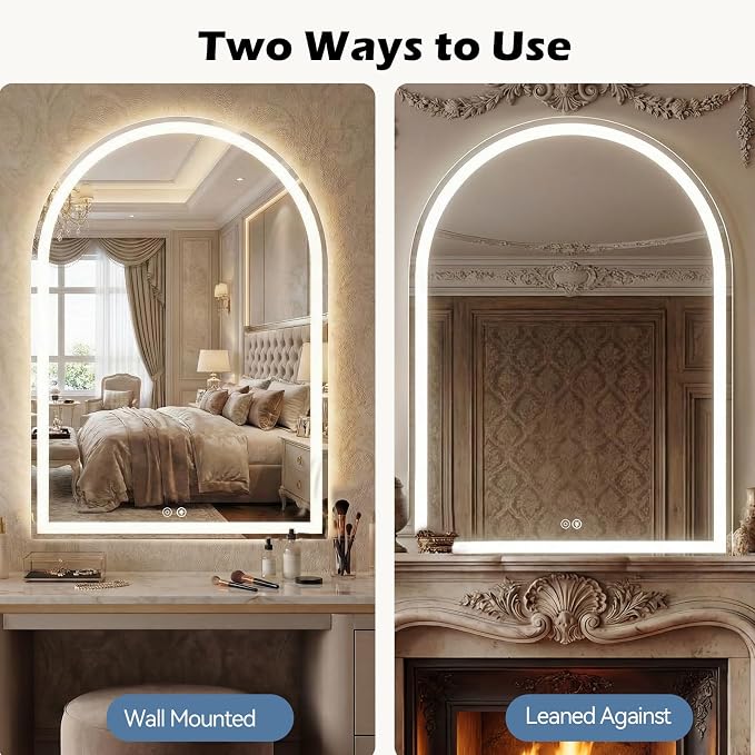 Sweetcrispy Arched LED Bathroom Mirror with Lights, Vanity Mirror, 28"x36" | Anti-Fog, Dimmable, 3-Color Light, Backlit, Memory Function, Tempered Glass