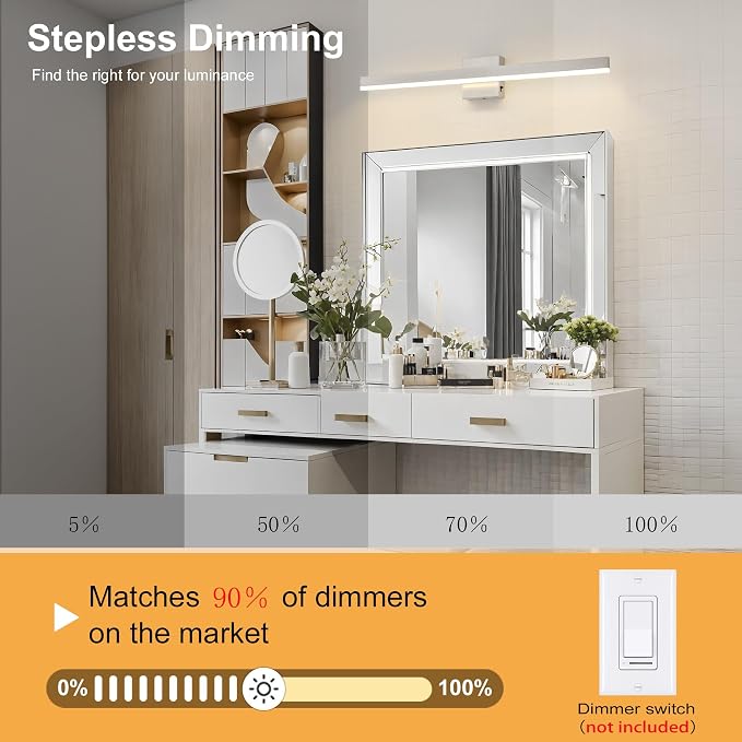 Nickel Bathroom Vanity Light Fixture 31.5'' 20W Dimmable 5CCT LED Hardwired | Bathroom Light Fixture Over Mirror, Bathroom Wall Sconce, Rust-resistant, ETL Certificated, 2700K/3000K/3500K/4000K/5000K