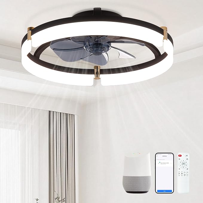 Smart Ceiling Fans with Lights Remote - 20'' WiFi Alexa Flush Mount Low Profile Modern Ceiling Fans for Bedroom - Stepless Color Temperature and 6 Speeds - Black