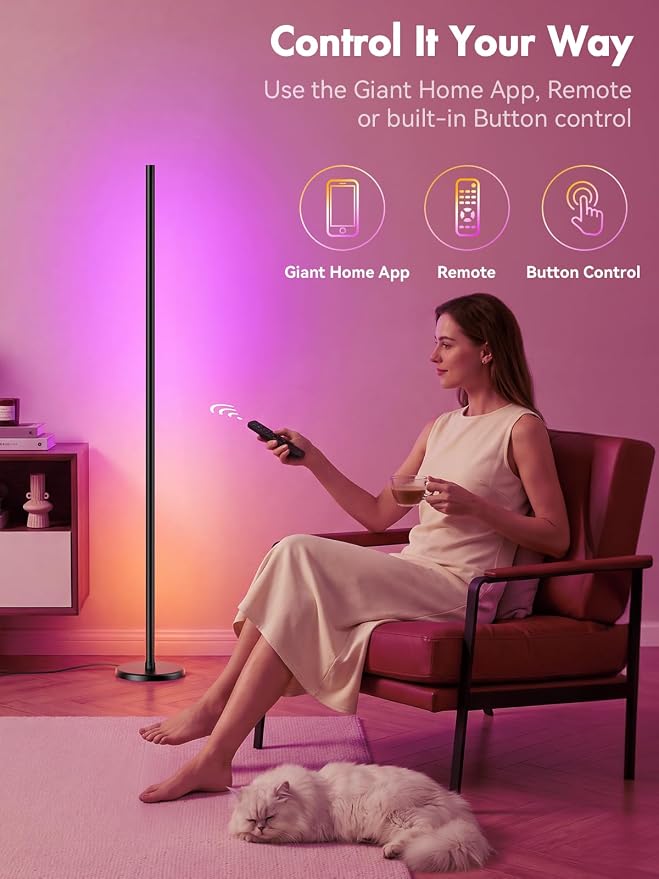 RGBICW Corner Floor Lamp, Smart LED Floor Lamp for Ambient Lighting with 16 Million Colors, App & Remote Control, 68 Scene Modes, Music Sync, Adjustable Warm White for Bedroom Living Room