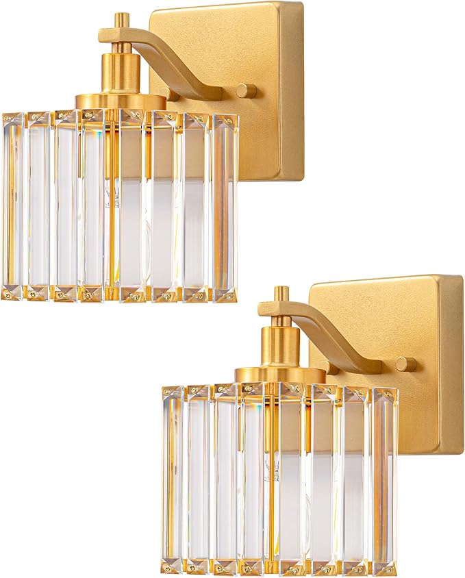 EDISHINE Modern Gold Crystal Wall Sconces Set of 2, Bathroom Vanity Lights | Hardwired, 1-Light, Standard E26 Base, Up Down Mounting, Bath Lamp for Living Room, Bedroom, Powder Room, Gold
