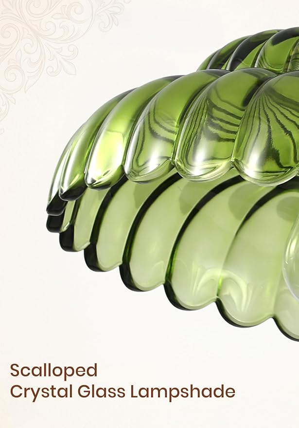 Gold Pendant Light with Glass Shade, Vintage Floral Glass Pendant Lamp for Kitchen Island, Adjustable Hanging Rods Sloped Ceiling Compatible, Living Room Bedroom Hotel-Green