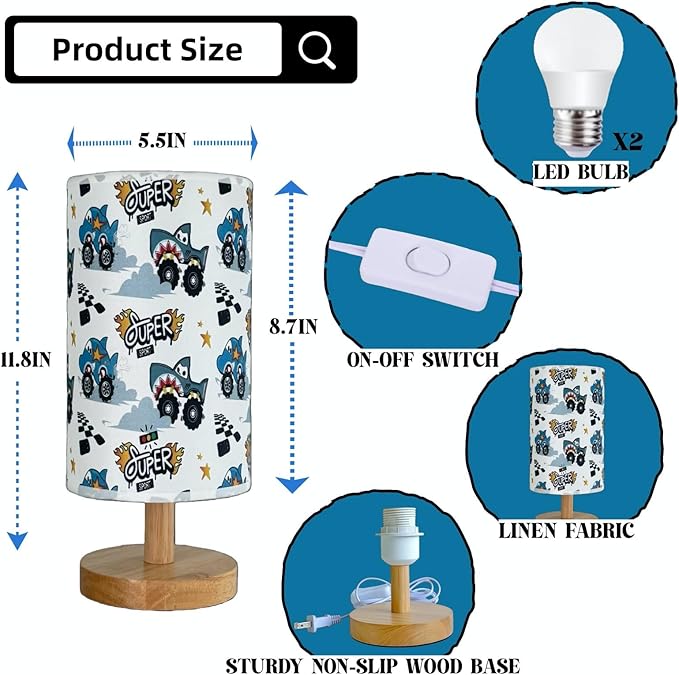Shark Night Light Lamp for Boys Bedroom - 3-Way Dimmable Nursery Lamp with Wood Base & Linen Shade, Boho Kids Room Decor, Safe Baby Gift for Boys, Toddlers,Nursery, Teens
