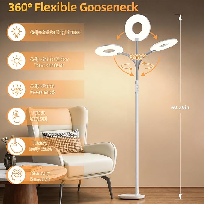 70'' Bright LED Floor Lamp Floor Lamps for Living Room, Office,White | Dimmable & 3 Color Temperature, Touch Control Standing Tall Lamp, Gooseneck Floor Light for Sewing, Craft, Bedroom, Corner