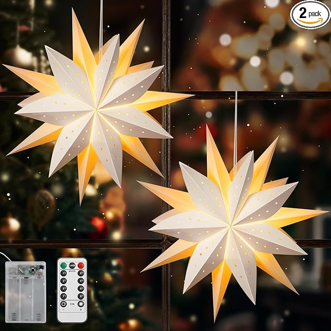 Lewondr Christmas Paper Star Lantern, 2PCS Hanging Star Lights with 8 Lighting Modes, 4 Levels Dimming, 6 Hour Timer Function, LED Paper Lanterns with Remote Control for Holiday Home Decoration