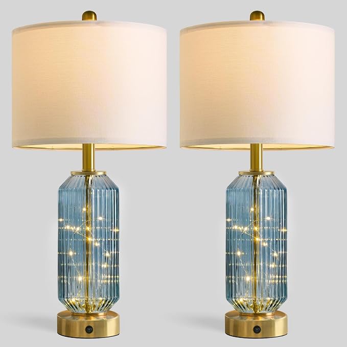 24.5" Bedside Table Lamps Set of 2, Blue Coastal Nightstand Lamps with Night Light, USB A+C Charging Ports, Glass Lamps for Bedroom, Living Room, End Table (2 Bulbs Included)