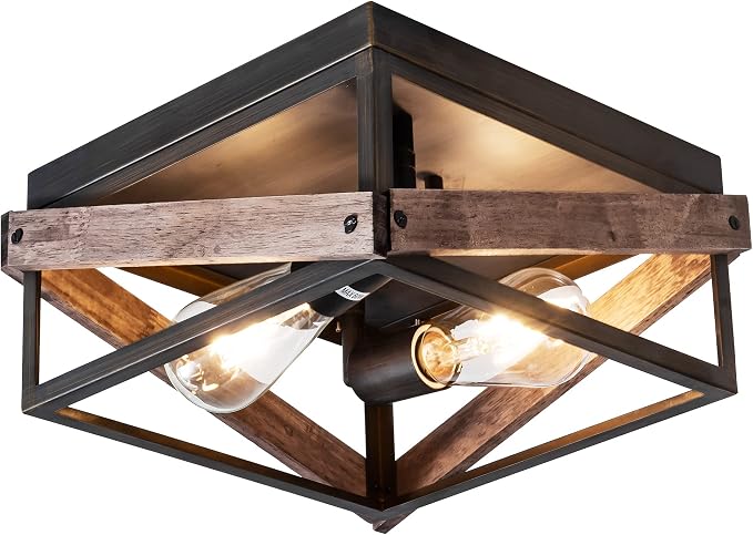 Mayful 2-Light Bronze Farmhouse Flush Mount Ceiling Light Fixturet, Rustic Hallway Light Fixtures with Wood & Metal Design, Industrial Close to Ceiling Light Fixtures for Kitchen Entryway Foyer