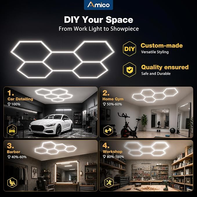 Amico Hexagon Garage Lights Dimmable & Tunable, 5 Hex Grid, Remote & Timer | 10-100% Stepless Dimming, 3500K-6500K Adjustable, 192W 21000LM Honeycomb LED Ceiling Lights for Garage Workshop Car Detailing