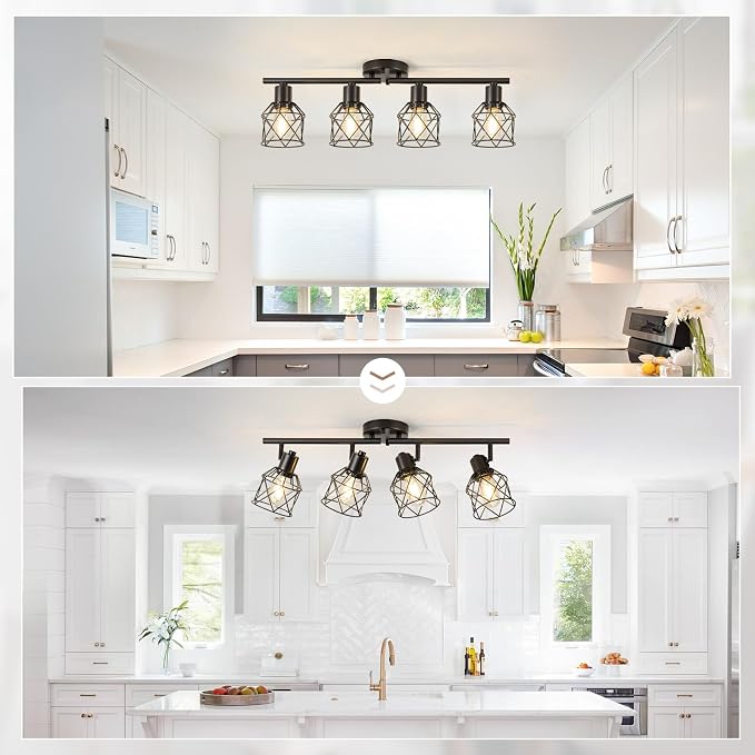 4-Light Kitchen Track Lighting, Island Lights, Farmhouse Ceiling Light | Adjustable Light Heads Rotate To Direct Light Where Needed, With Standard E26 Base For Kitchen Hallway Dining Room