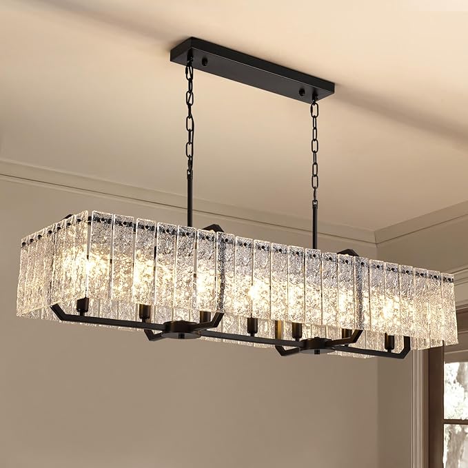 CROSSIO Rectangle Black Crystal Chandeliers for Dining Room, 47inch Large Rectangular Water Ripple Glass Island Light Fixture, Luxury Rectangular Chandelier for Kitchen Island Living Room