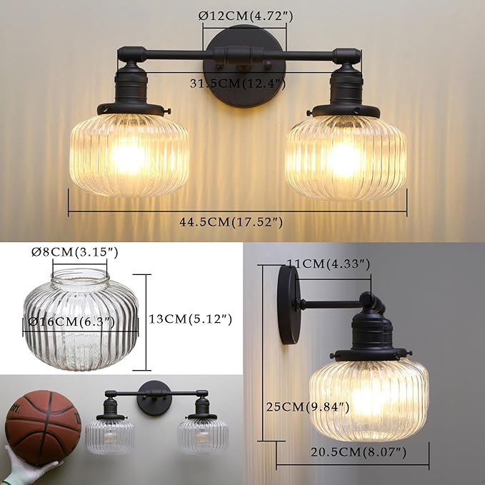 Phansthy Vintage Hardwired Sconces Wall Lighting, Bathroom Vanity Light Fixtures Antique Brass, Modern Wall Light with Clear Striped Glass Shade for Bedroom Fireplace Hallway (Black, Two-Light)