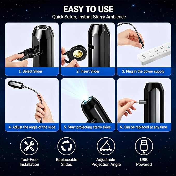 Plug and Play Star Projector Night Light, 2-in-1 Galaxy Projector Night Light, 360° Flexible Neck, Interchangeable Theme Discs, Portable Galaxy Lamp for Bedroom, Party, Home Theater(17 Slides)