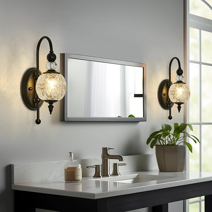 Piepooye Vintage Black Wall Sconce with Glass Globe Shade Mid Century G9 Bulb Wall Light Indoor Wall Lamp for Bathroom Farmhouse Bedroom Living Room Hallway