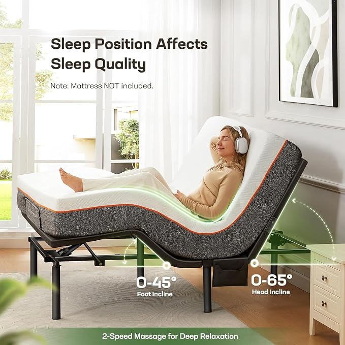 Marsail Full Adjustable Bed Base with Massage, 4 Ports USB A&C Bed Frame with Under-Bed Nightlight, 3 Minutes Fast Assembly, Wireless Control Adjustable Bed with 4 Height Options