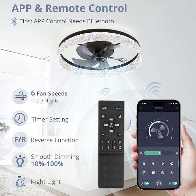 LEDIARY 22" Ceiling Fans with Lights and Remote, Fandelier Black | 3CCT, 6 Speeds, Dimmable Low Profile, Flush Mount Ceiling Fan, Timer, Reversible, Memory, Bedroom, Living Room, Kitchen