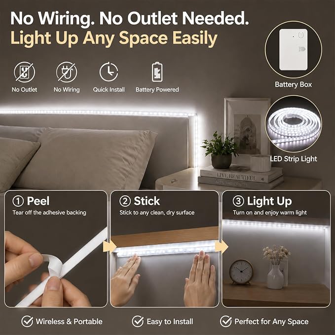 ZSLAIFU 2Pack White 3.3FT LED Light Strips Battery Powered Battery Operated LED Lights 120 LEDs Strip Lights for Cabinet Closet Shelves DIY Lighting