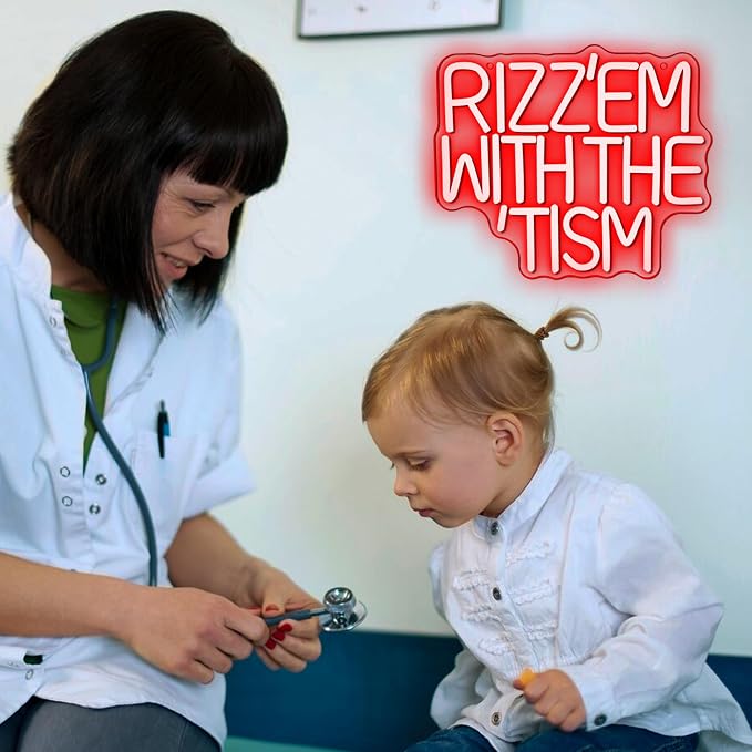 Rizz 'Em With The Tism Neon Signs for Wall Decor,Dimmable Autistic Humor Autism Awareness Neon Light,USB Neon Light for Man Cave Bedroom Kid Classroom Birthday Party Gifts (12.9 * 11in)