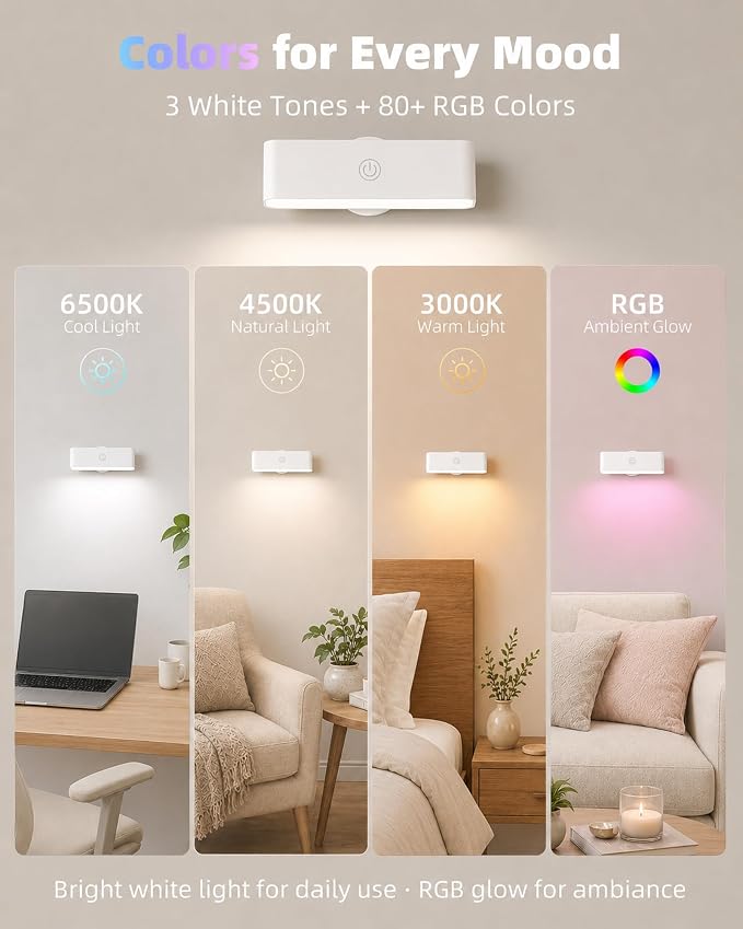 EZVALO Battery Operated Wall Sconce, Rechargeable Magnetic Wall Light with Remote, RGB Mood Lighting & 3 White Tones, Dimmable Wall Lamp for Bedroom, Gaming Room, Apartment Decor