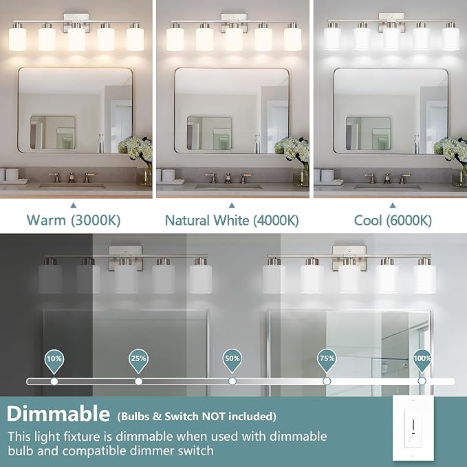 Brushed Nickel Bathroom Light Fixtures Vanity Lighting Over Mirror | 5-Light Modern Wall Sconces with Milky White Frosted Glass Shades for Restroom (E26 Socket)