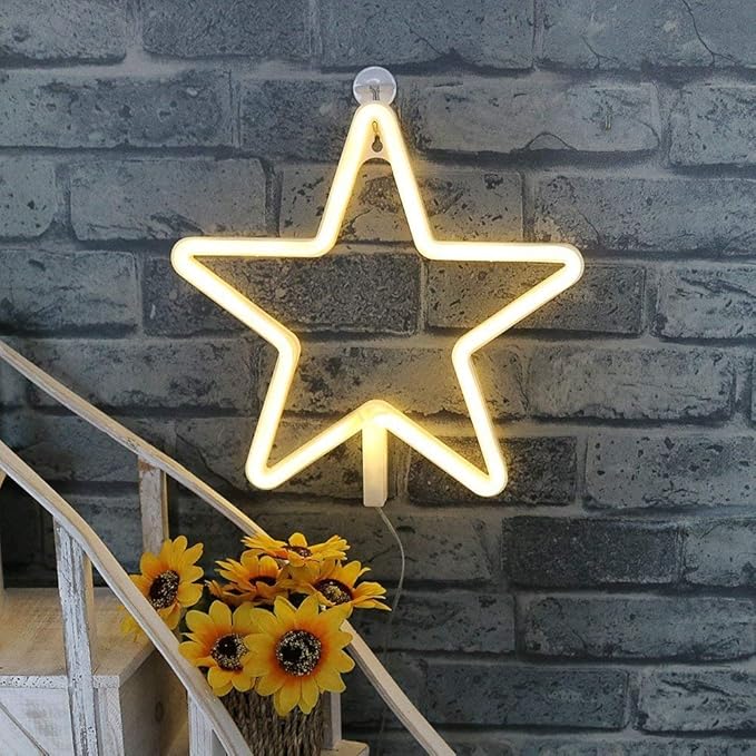 ENUOLI LED Neon Sign Star Neon Lights Warm White Neon Wall Light Star Night Light LED Lights Wall Decoration Art for Girls Bedroom Living Room Christmas Party as Kids Gift