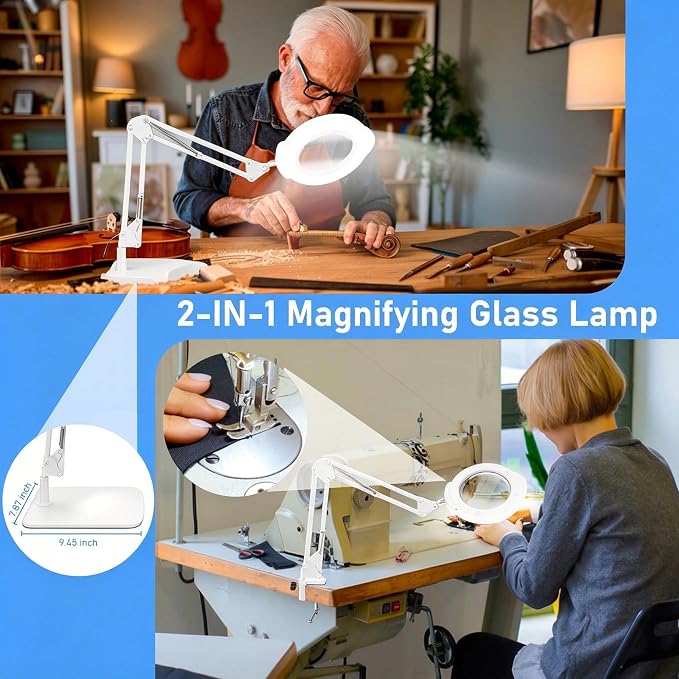 White 10X Magnifying Glass with Light and Stand, LED Desk Lamp with Base and Clamp, 5 Color Mode, 10 Dimmable Levels, Hands Free for Reading Crafts Jewelry Sewing Close Work
