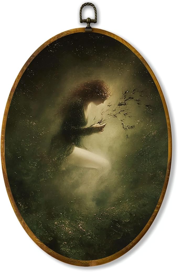 zewepri Forest Nymph Dark Academia Oval Canvas Art | 8.5x11.5 in oval framed canvas with ethereal forest nymph and twigs, mystical vintage decor for bedroom or living room.