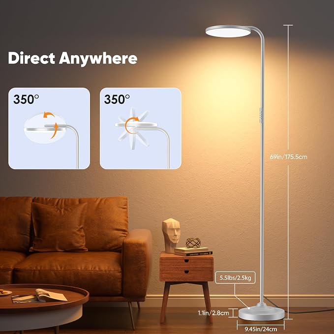 36W LED Floor Lamp, Super Bright Standing Lamp, Modern Stepless Dimmable Torchiere Tall Lamp with Remote Control, 350°Rotating Head Reading Floor Lamp for Living Room, Bedroom, Office