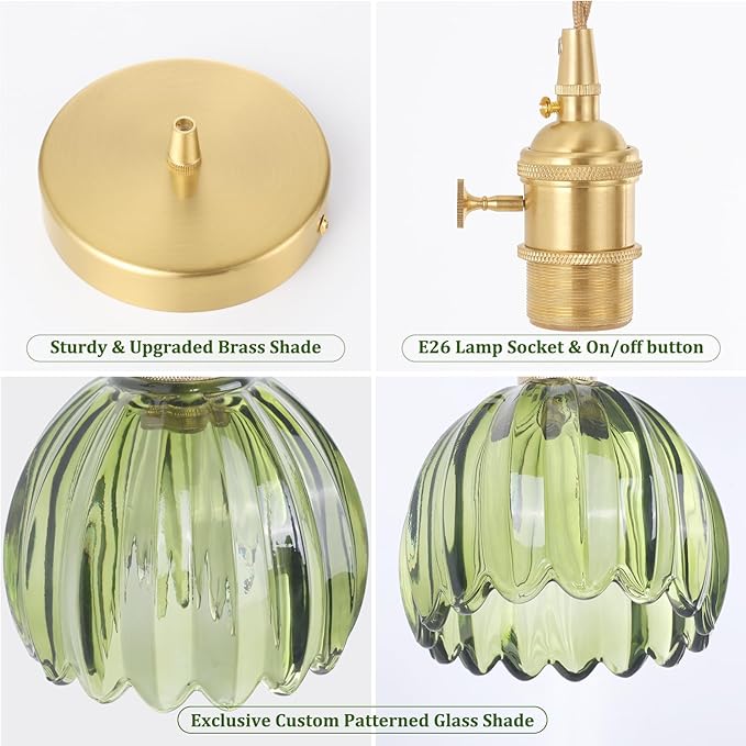 Pendant Light with Green Tulip Glass Lmapshade, Brass Vintage Pendant Light Adjustable Hanging Light for Kitchen Island Dining Room Hallway