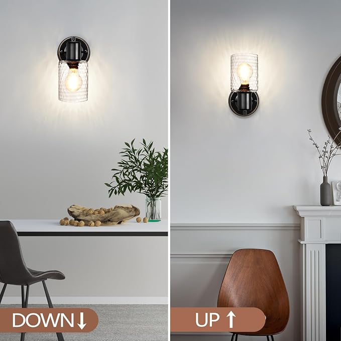 Wall Sconces Set of 2 - Matte Black Vanity Lights for Bathroom Modern Wall Light Fixtures with Rotary Switch - Wall Mount Light with Hammered Glass,Farmhouse Wall Lamp for Bedroom Mirror Living Room