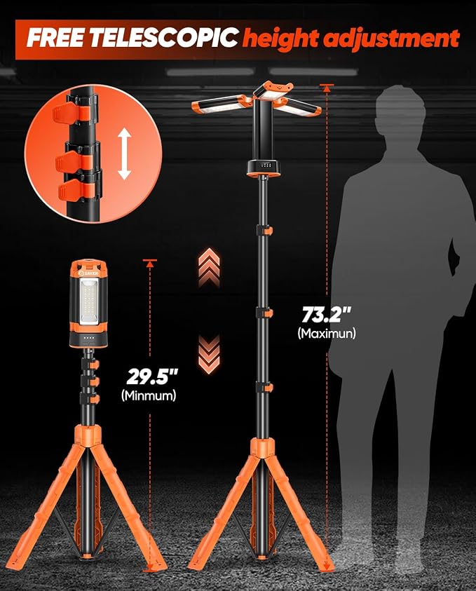 Saker Portable Camping Light with Stand 20000mAh 73.2" Work Light LD18 | Rechargeable,Adjustable Height,3200 Lumen 6500K Emergency Lights for Camping, Garage, Outdoor Work, Power Outages, Fishing