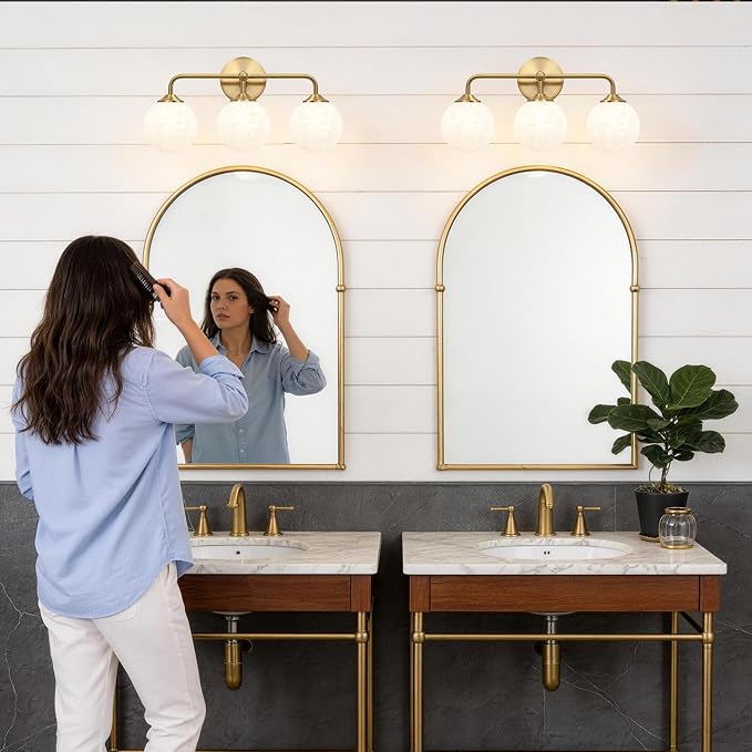 Modern Brushed Gold 3-Lights Vanity Light Fixtures with Carved White Glass Ball Shades, Mid Century Brass Wall Sconce Lighting Fixtures over Mirror, Wall Sconces for Bathroom Dressing Table Bedroom