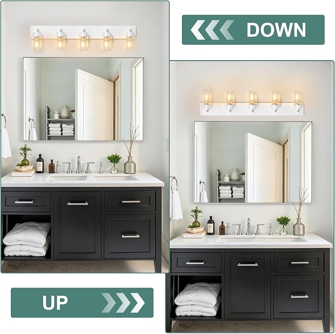 IZORRO Bathroom Vanity Light Fixture, 5-Light 36 Inch White Bathroom Light Fixtures Over Mirror, with Clear Glass Shade, Modern Farmhouse Vanity Lights, Rustic Restroom Lighting Fixtures
